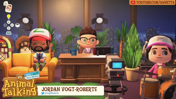 Джордан Вот-Робертс (слева) на шоу Гэри Уитта (посередине) в Animal Crossing: New Horizons