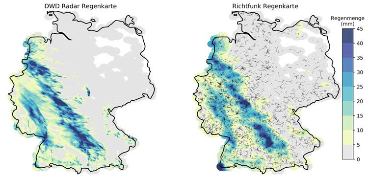 Сравненние данных об осадках за 48 часов переданных метеослужбой Германии (слева) и данными с вышек сотовой связи (справа)
