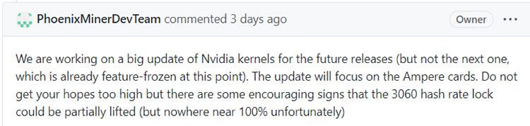 Команда разработчиков Phoenix Miner по поводу майнинга ETH на RTX 3060 (Github)