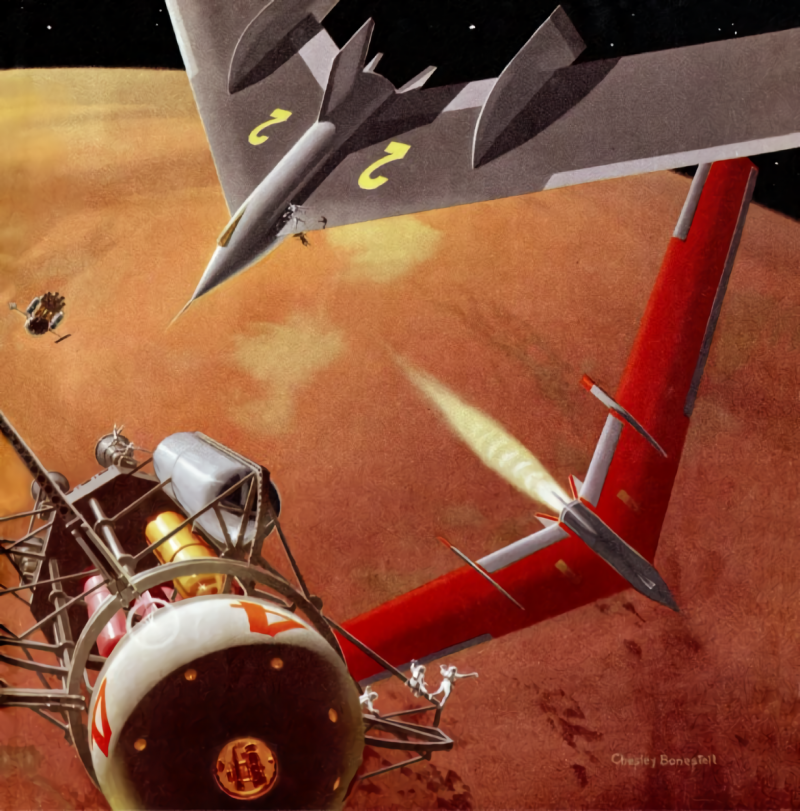 Крылатые ракетные корабли фон Брауна для спуска на Марс. Картина Чесли Бонстилла, иллюстрация из журнала Collier’s