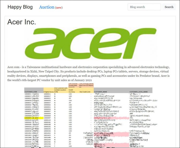 Скриншот одного из финансовых документов Acer, оказавшегося в руках хакеров REvil