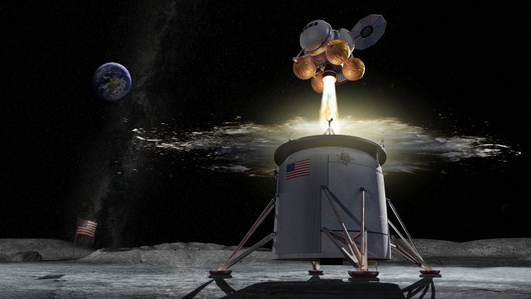 Художественная визуализация отделения корабля от посадочного модуля и взлёта с лунной поверхности, NASA