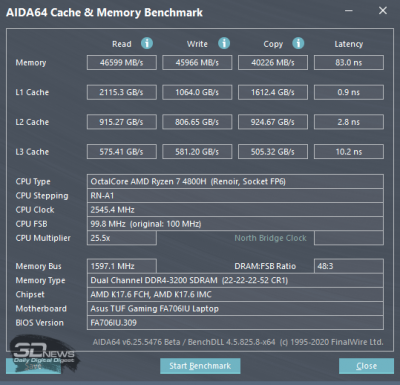 Тест памяти AIDA64 Extreme (аккумулятор)