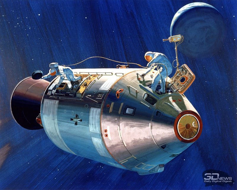Астронавты Альфред Уорден и Джеймс Ирвин извлекают кассету с фотопленкой из отсека SIM командно-служебного модуля корабля Apollo 15. Рисунок NASA https://picryl.com/media/artist-concept-astronaut-wordens-extravehicular-activity-eva-apollo-xv-2e976b