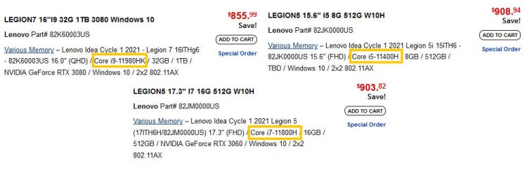 Ноутбуки Lenovo с чипами Intel Tiger Lake-H (@momomo_us)