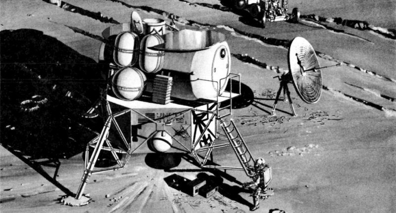 Один из ранних вариантов «убежища» на основе грузового лунного модуля. Видны баллоны с водородом и кислородом для топливных элементов, наддува жилого отсека и перезарядки скафандров после выхода астронавтов в открытый космос. Рисунок NASA из документа Early Lunar Shelter Design and Comparison Study, Volume IV. Источник: https://falsesteps.wordpress.com/2016/09/30/the-early-lunar-shelter-stay-a-just-a-little-bit-longer/