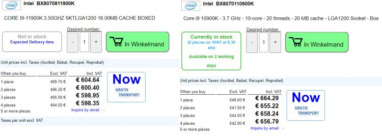 Сравнение цен на Intel Core i9-11900K и 10900K (2Compute)