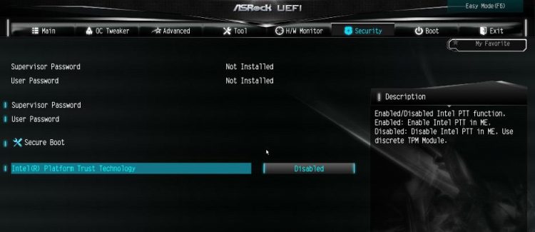 Включение TPM на платах ASRock на чипсетах Intel