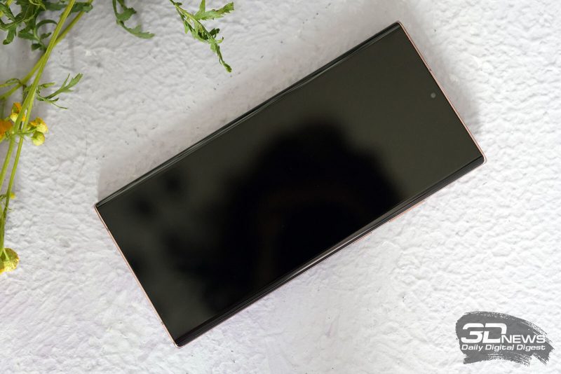 Samsung Galaxy Note20 Ultra, лицевая панель: дисплей с врезанной прямо в него фронтальной камерой; под верхней кромкой — тонкая прорезь разговорного динамика